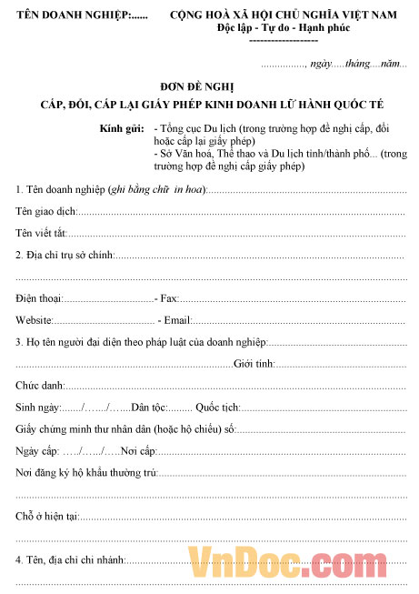 Mẫu đơn đề nghị cấp mới, cấp đổi, cấp lại giấy phép kinh doanh lữ hành quốc tế