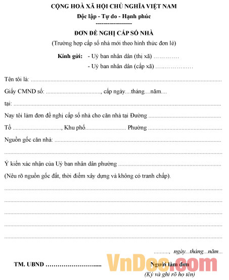 Mẫu đơn đề nghị cấp số nhà