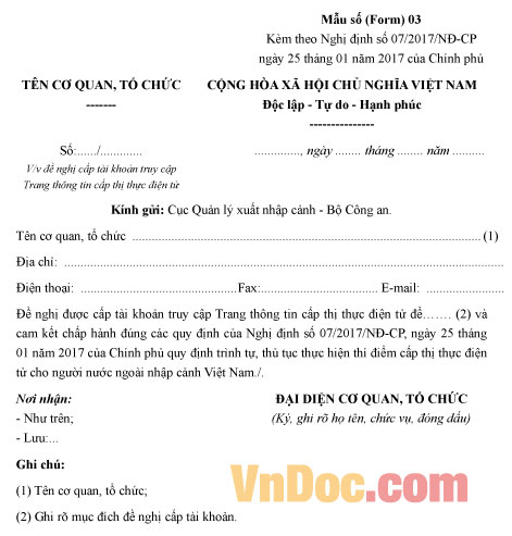 Mẫu đơn đề nghị cấp tài khoản truy cập trang thông tin cấp thị thực điện tử