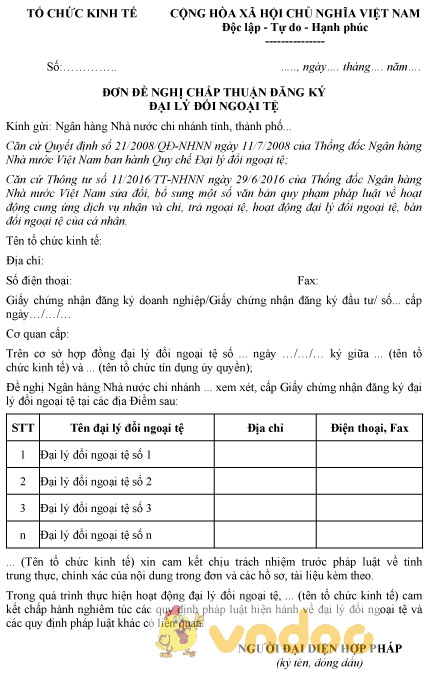 Mẫu đơn đề nghị chấp thuận đăng ký đại lý đổi ngoại tệ