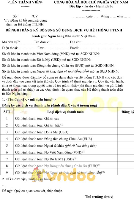 Mẫu đơn đề nghị đăng ký bổ sung sử dụng dịch vụ hệ thống TTLNH
