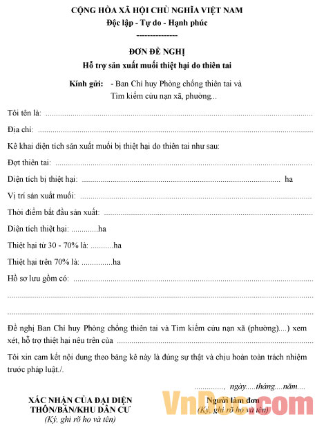 Mẫu đơn đề nghị hỗ trợ sản xuất muối thiệt hại do thiên tai