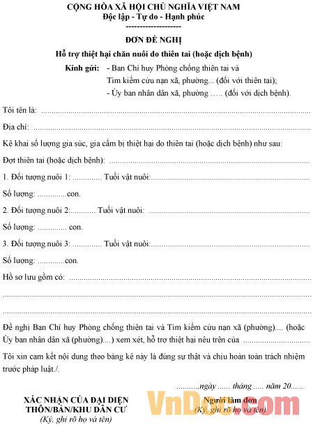 Mẫu đơn đề nghị hỗ trợ thiệt hại chăn nuôi do thiên tai