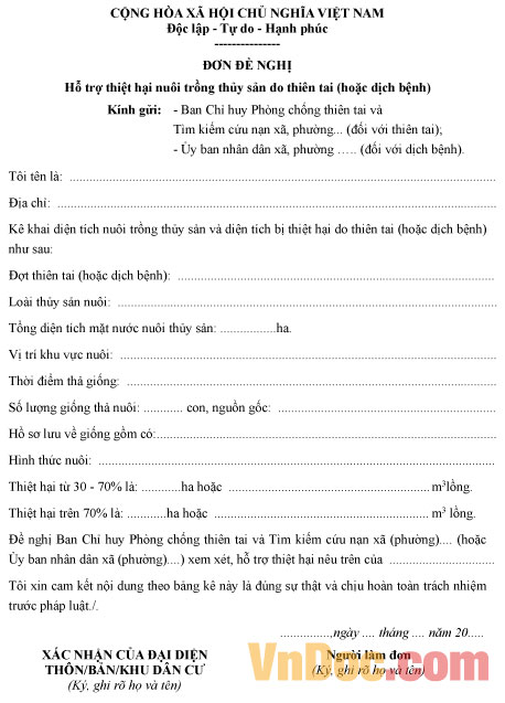 Mẫu đơn đề nghị hỗ trợ thiệt hại nuôi trồng thủy sản do thiên tai