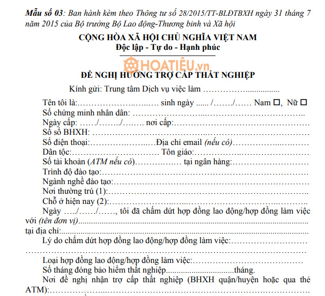 Mẫu số 3: Đơn đề nghị hưởng bảo hiểm thất nghiệp 2021