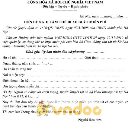 Mẫu đơn đề nghị làm thẻ đi xe buýt miễn phí