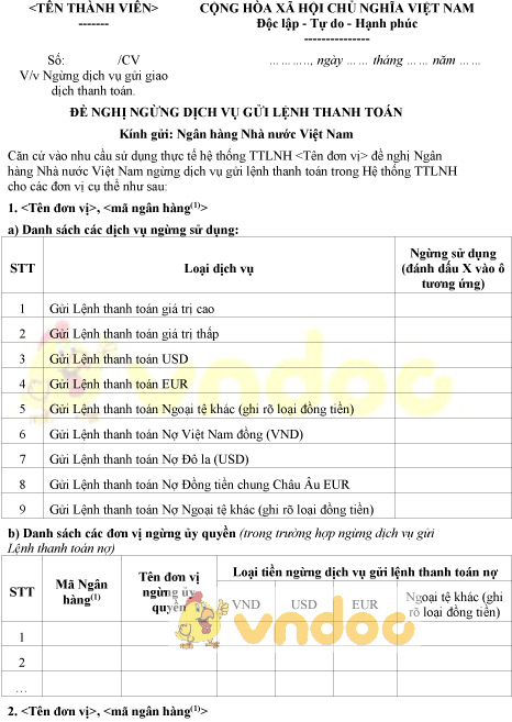 Mẫu đơn đề nghị ngừng dịch vụ gửi lệnh thanh toán