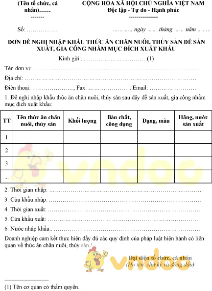 Mẫu đơn đề nghị nhập khẩu thức ăn chăn nuôi, thủy sản để sản xuất, gia công