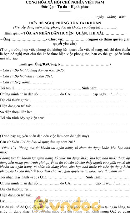 Mẫu đơn đề nghị phong tỏa tài khoản
