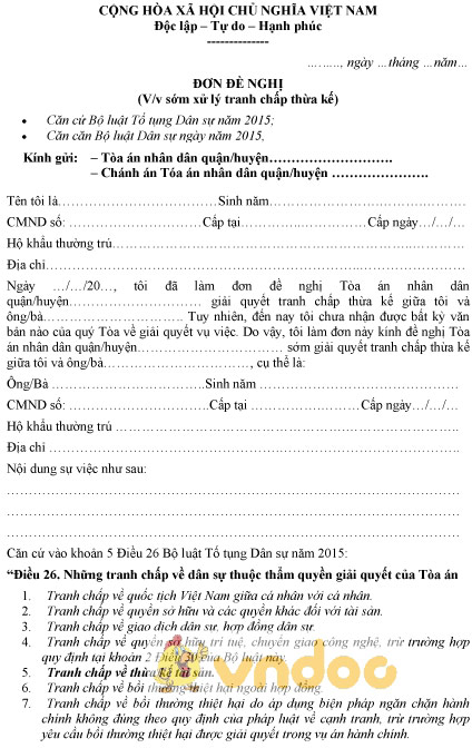 Mẫu đơn đề nghị sớm giải quyết tranh chấp thừa kế