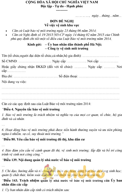 Mẫu đơn đề nghị về vệ sinh khu vực