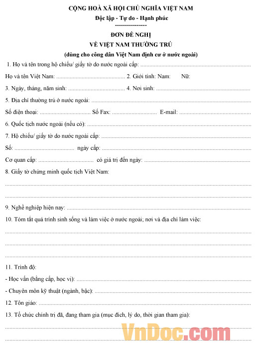 Mẫu đơn đề nghị về Việt Nam thường trú