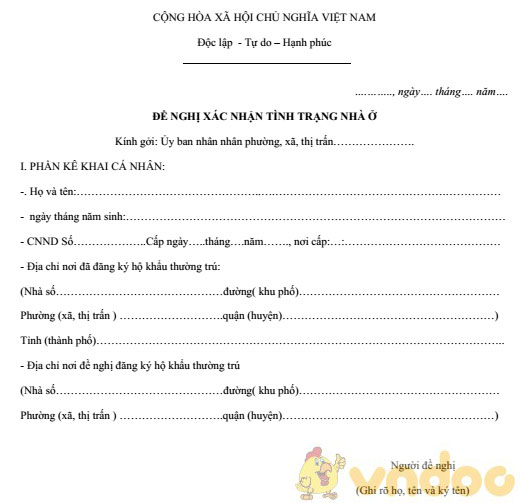 Đơn xin xác nhận tình trạng nhà ở