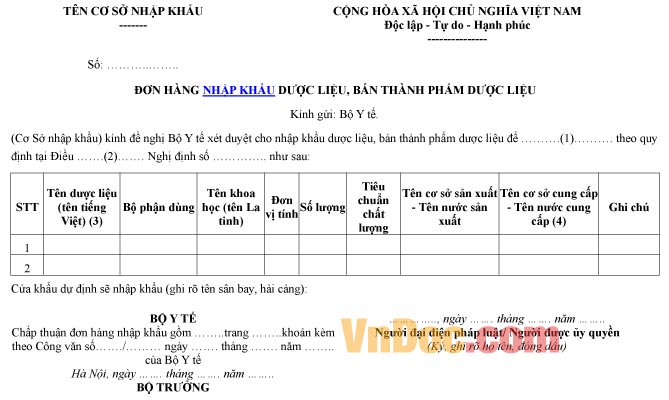 Mẫu đơn hàng ghi chép nhập khẩu dược liệu, bán thành phẩm dược liệu