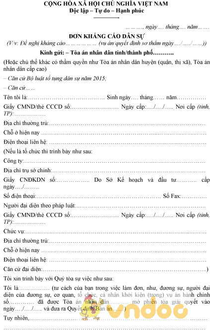 Mẫu đơn kháng cáo dân sự