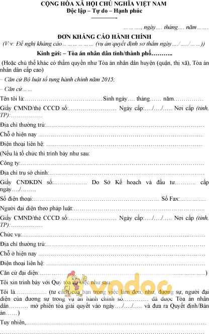Mẫu đơn kháng cáo hành chính