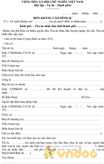Mẫu đơn kháng cáo hình sự