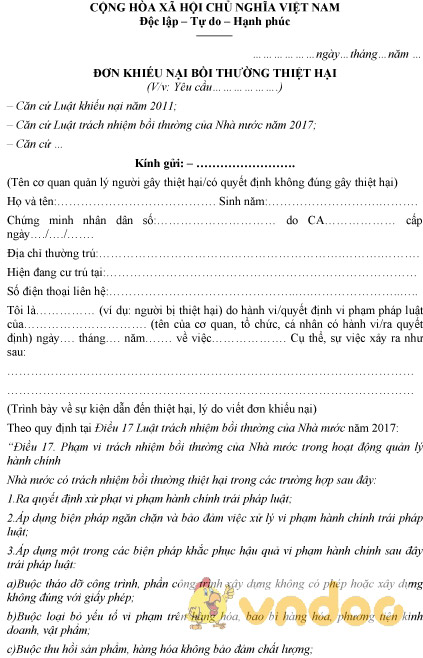 Mẫu đơn khiếu nại bồi thường thiệt hại