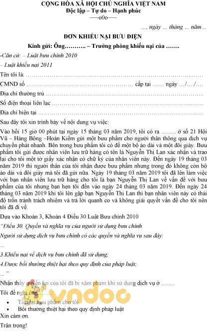 Mẫu đơn khiếu nại bưu điện