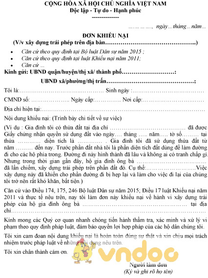 Mẫu đơn khiếu nại xây dựng trái phép