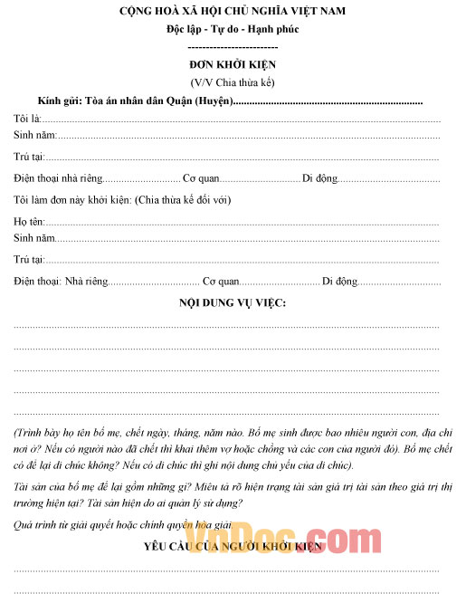 Mẫu đơn khởi kiện chia thừa kế