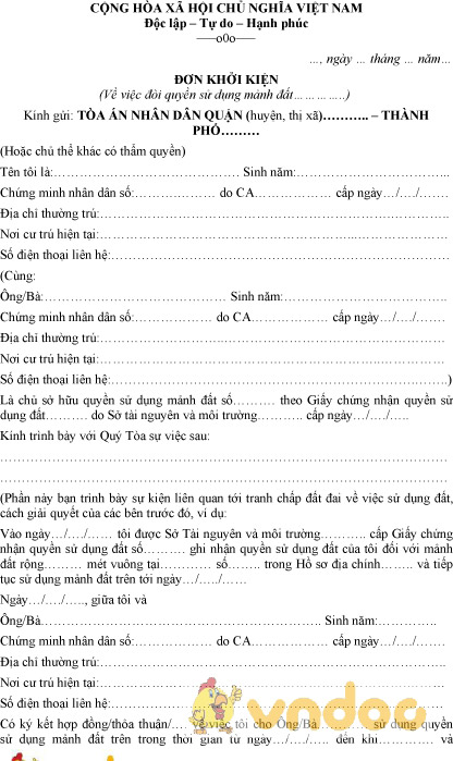 Mẫu đơn khởi kiện đòi đất