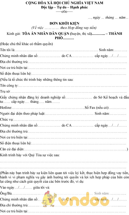 Mẫu đơn khởi kiện hợp đồng vay tiền