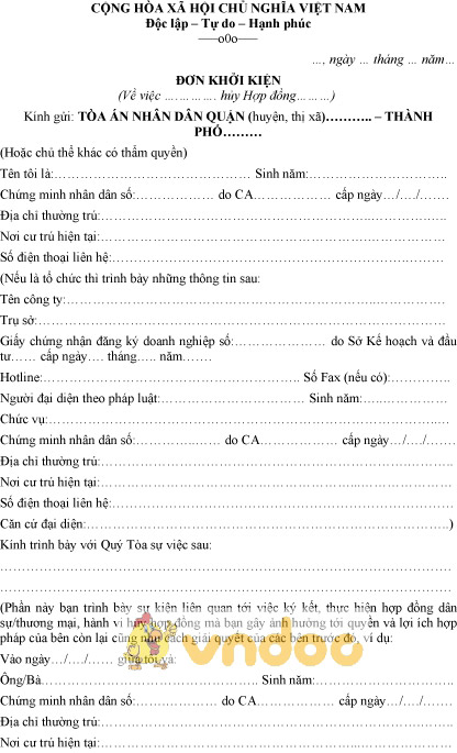 Mẫu đơn khởi kiện hủy hợp đồng