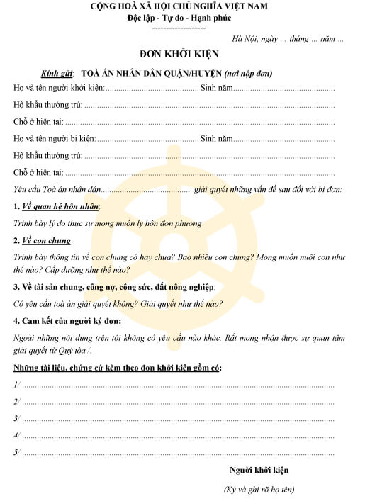 Mẫu đơn khởi kiện ly hôn