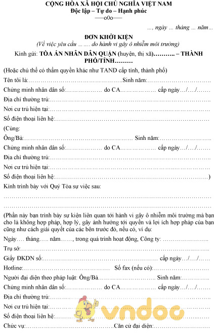 Mẫu đơn khởi kiện ô nhiễm môi trường