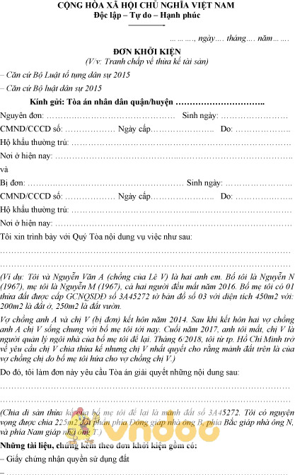 Mẫu đơn khởi kiện tranh chấp về thừa kế tài sản