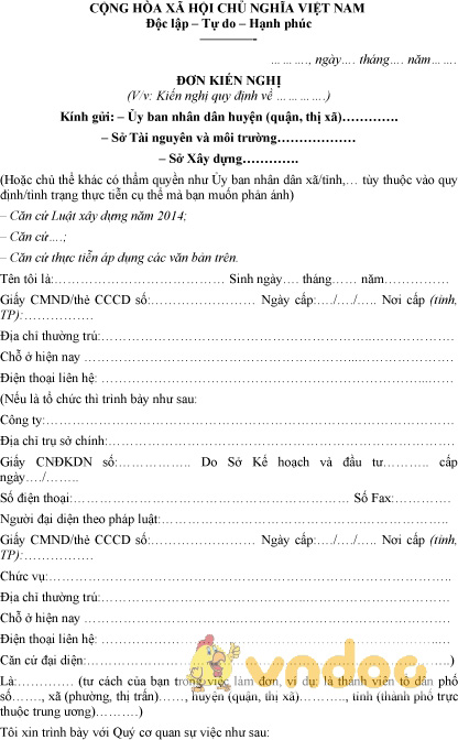 Mẫu đơn kiến nghị xây dựng trái phép