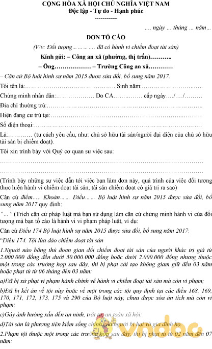 Mẫu đơn tố cáo hành vi chiếm đoạt tài sản