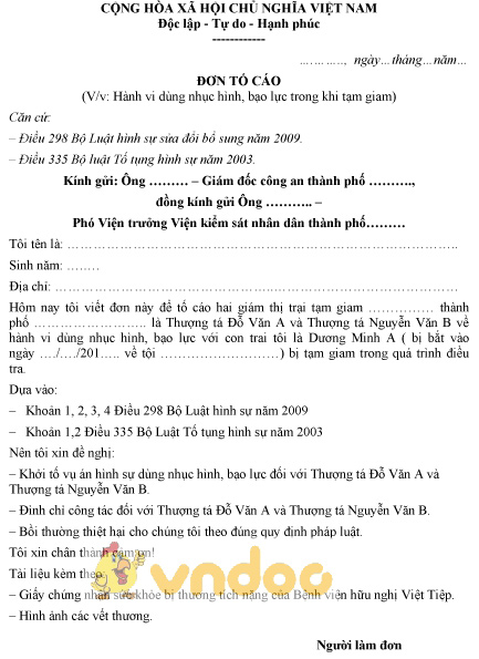 Mẫu đơn tố cáo hành vi dùng nhục hình, bạo lực trong khi tạm giam