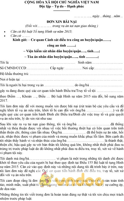 Mẫu đơn xin bãi nại tai nạn giao thông