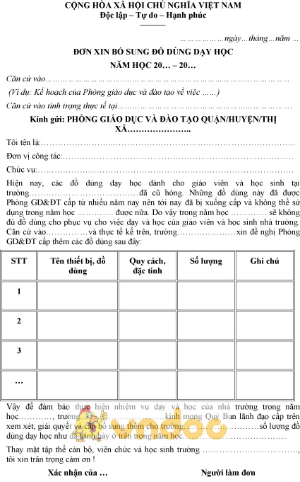 Mẫu đơn xin bổ sung đồ dùng dạy học