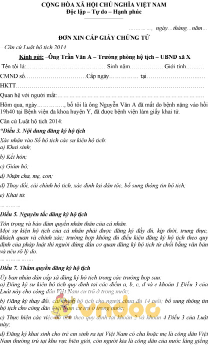Mẫu đơn xin cấp giấy chứng tử