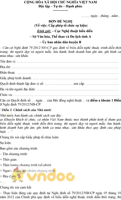 Mẫu đơn xin cấp phép tổ chức sự kiện
