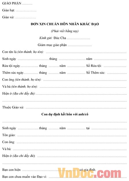 Mẫu đơn xin được chuẩn hôn nhân khác đạo