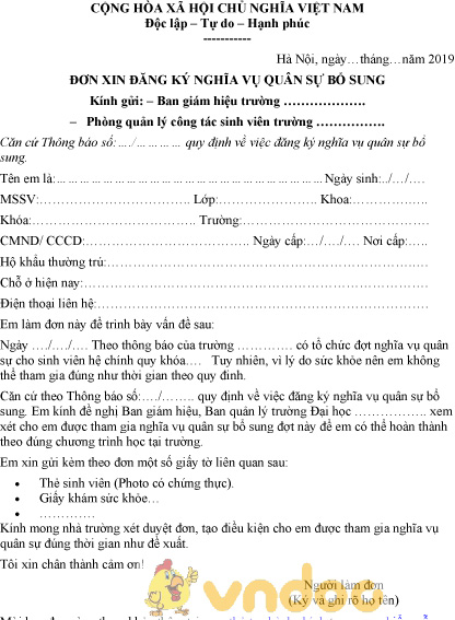 Mẫu đơn xin đăng ký nghĩa vụ quân sự bổ sung