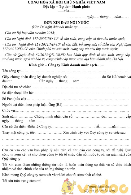 Mẫu đơn xin đấu nối nước