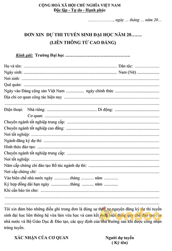 Mẫu đơn xin dự thi liên thông lên đại học từ cao đẳng