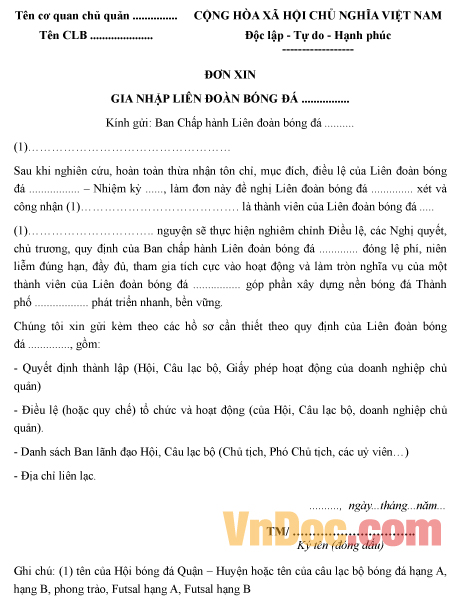 Mẫu đơn xin được gia nhập liên đoàn bóng đá
