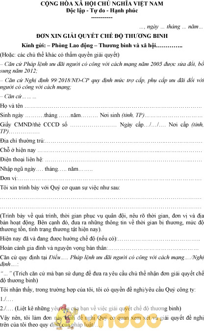 Mẫu đơn xin giải quyết chế độ thương binh