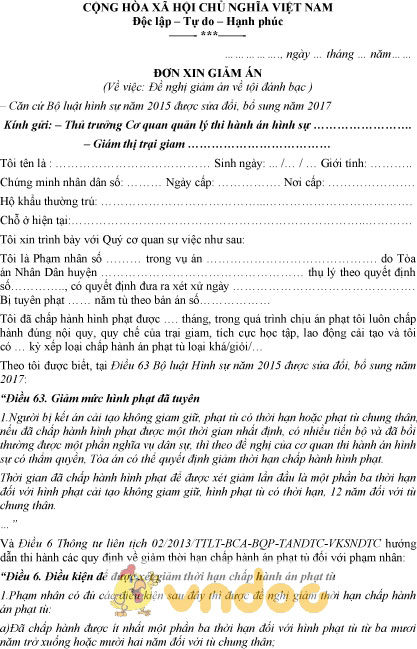 Mẫu đơn xin giảm án về tội đánh bạc
