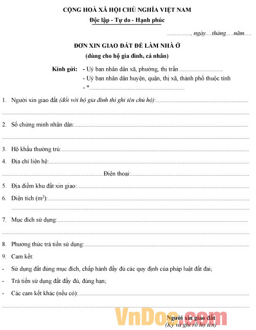 Mẫu đơn xin giao đất làm nhà ở