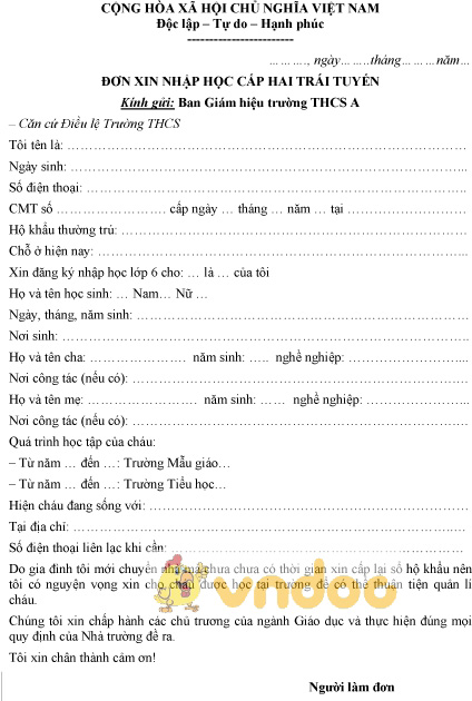 Mẫu đơn xin học cấp 2 trái tuyến
