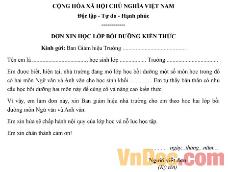 Mẫu đơn xin học lớp bồi dưỡng kiến thức