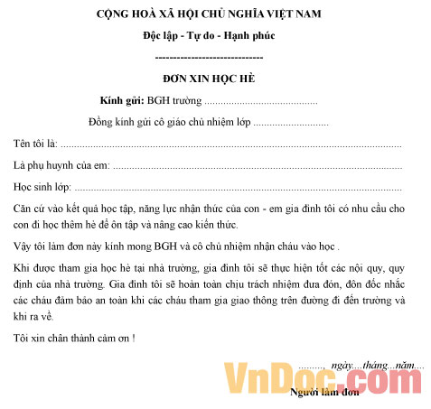 Mẫu đơn xin học thêm hè