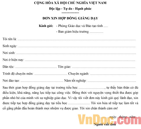 Mẫu đơn xin hợp đồng giảng dạy